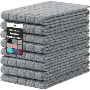 Homaxy Premium Cotton Kitchen Towels 16″x 28″, Large Natural Ring Spun 390 GSM Dish Towels, Super Absorbent Terry Kitchen Hand Towels, Soft Tea Towels with Hanging Loop, Navy Blue Check Design, 6 Pack(Pure Grey)