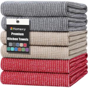 Homaxy Premium Kitchen Towels(18”x 28”, 6 Pack), Large Cotton Kitchen Hand Towels, Flat and Terry Dish Towels, 380 GSM Highly Absorbent Tea Towel Set with Hanging Loop, Red(Red/Grey/Khaki)