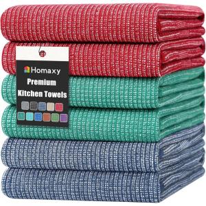 Homaxy Premium Kitchen Towels(18”x 28”, 6 Pack), Large Cotton Kitchen Hand Towels, Flat and Terry Dish Towels, 380 GSM Highly Absorbent Tea Towel Set with Hanging Loop, Red(Navy Blue/Red/Green)