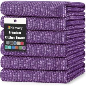 Homaxy Premium Kitchen Towels(18”x 28”, 6 Pack), Large Cotton Kitchen Hand Towels, Flat and Terry Dish Towels, 380 GSM Highly Absorbent Tea Towel Set with Hanging Loop, Red(Purple)