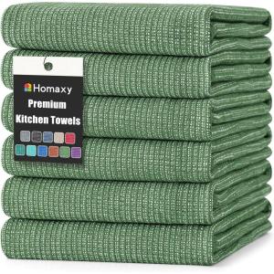 Homaxy Premium Kitchen Towels(18”x 28”, 6 Pack), Large Cotton Kitchen Hand Towels, Flat and Terry Dish Towels, 380 GSM Highly Absorbent Tea Towel Set with Hanging Loop, Red(Grass Green)