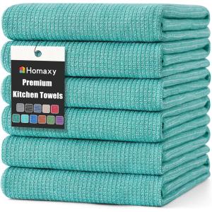 Homaxy Premium Kitchen Towels(18”x 28”, 6 Pack), Large Cotton Kitchen Hand Towels, Flat and Terry Dish Towels, 380 GSM Highly Absorbent Tea Towel Set with Hanging Loop, Red(Teal)