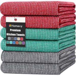 Homaxy Premium Kitchen Towels(18”x 28”, 6 Pack), Large Cotton Kitchen Hand Towels, Flat and Terry Dish Towels, 380 GSM Highly Absorbent Tea Towel Set with Hanging Loop, Red(Grey/Red/Green)