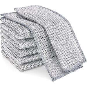 Homaxy 6 Pack Multipurpose Wire Dishwashing Rag, Double-Layer Steel Non Scratch Wire Dishcloth, Powerful Cleaning Wire Washing Cloth for Kitchen, Silver