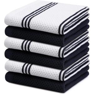 Homaxy Dish Cloths, 12 x 12 Inches, Trendy Stripes Design, Premium Cotton Waffle Weave Super Soft and Absorbent Dish Towels Quick Drying Kitchen Towels Dish Rags, 6 Pack, White & Black