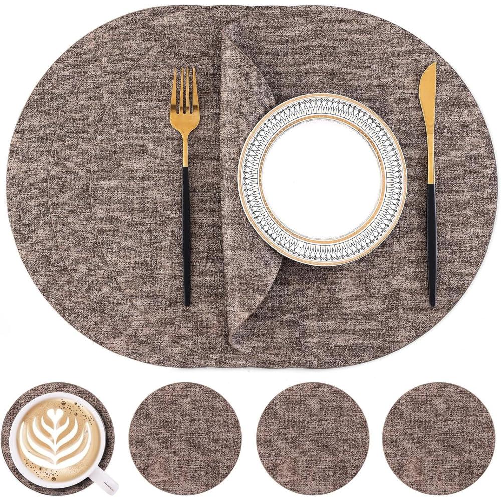 image:imageHomaxy Round Faux Leather Placemats and Coasters Washable DualSide Table Mats Wipeable HeatResistant Dining Place Mats for Outdoor and Indoor Set of 6 Diameter 13 and 393 inch Light BrownDark Brown