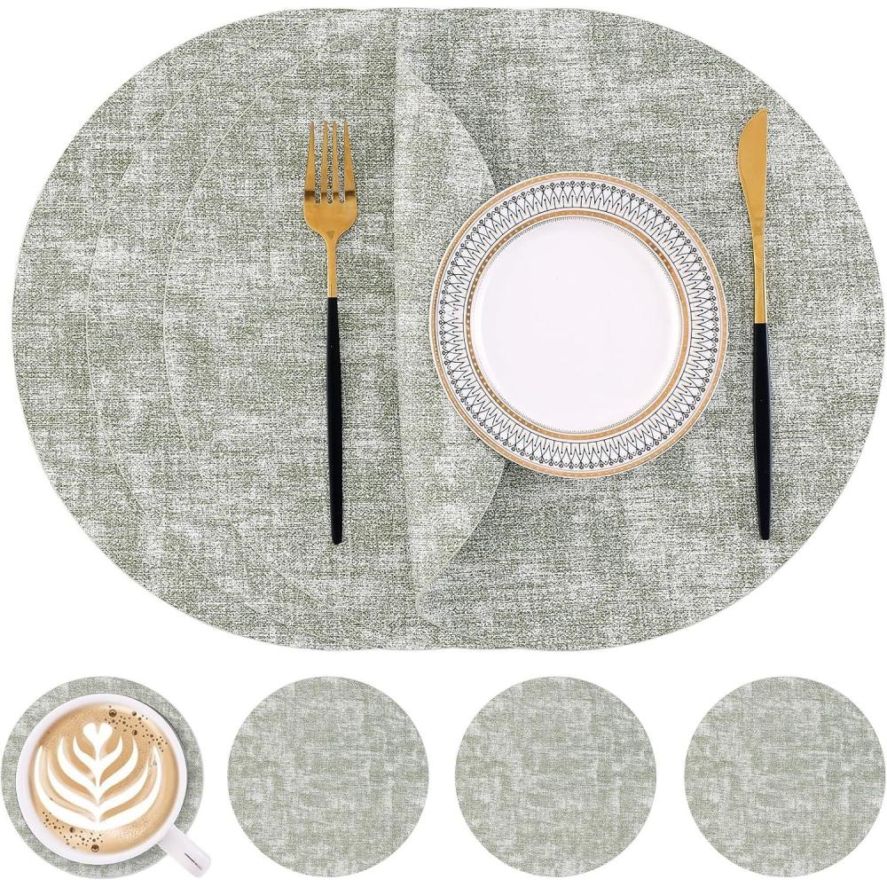 image:imageHomaxy Round Faux Leather Placemats and Coasters Washable DualSide Table Mats Wipeable HeatResistant Dining Place Mats for Outdoor and Indoor Set of 6 Diameter 13 and 393 inch Light BrownGrass Green