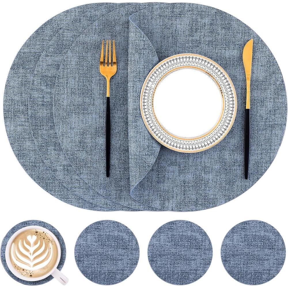 image:imageHomaxy Round Faux Leather Placemats and Coasters Washable DualSide Table Mats Wipeable HeatResistant Dining Place Mats for Outdoor and Indoor Set of 6 Diameter 13 and 393 inch Light BrownBlue