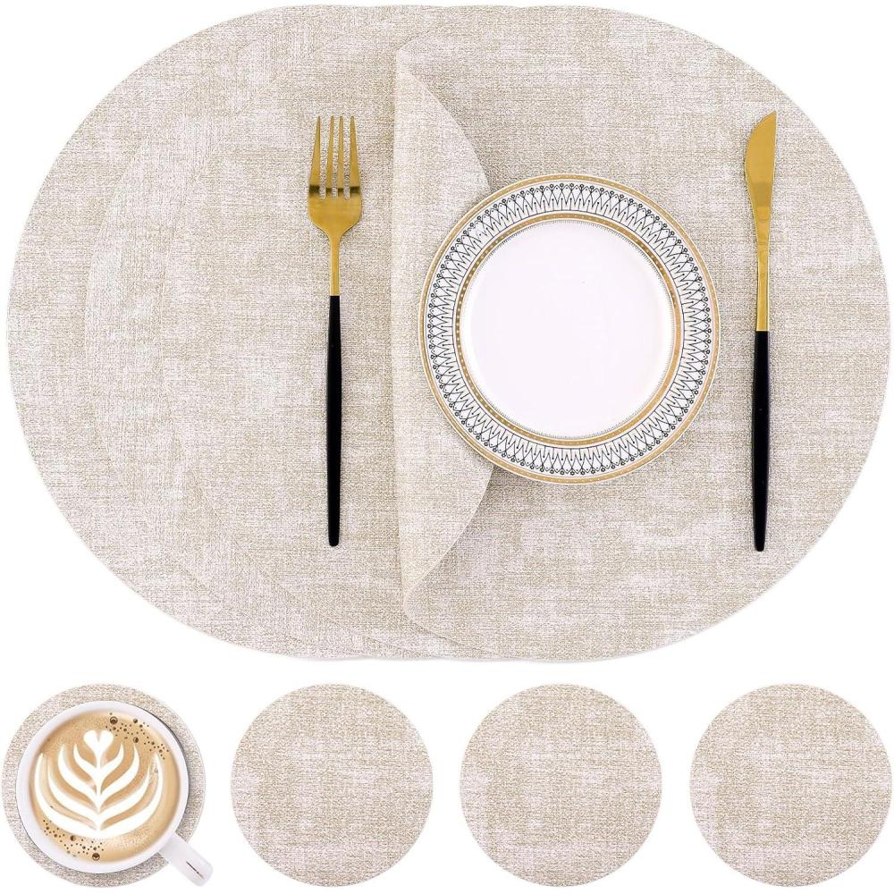 image:imageHomaxy Round Faux Leather Placemats and Coasters Washable DualSide Table Mats Wipeable HeatResistant Dining Place Mats for Outdoor and Indoor Set of 6 Diameter 13 and 393 inch Light BrownBeige