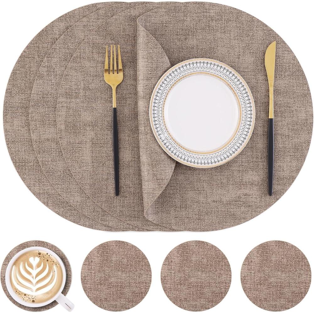 image:imageHomaxy Round Faux Leather Placemats and Coasters Washable DualSide Table Mats Wipeable HeatResistant Dining Place Mats for Outdoor and Indoor Set of 6 Diameter 13 and 393 inch Light BrownLight Brown