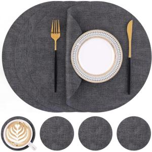 Homaxy Round Faux Leather Placemats and Coasters, Washable Dual-Side Table Mats, Wipeable Heat-Resistant Dining Place Mats for Outdoor and Indoor, Set of 6, Diameter 13 and 3.93 inch, Light Brown(Dark Grey)