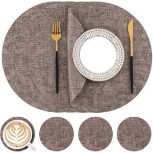 Homaxy Round Faux Leather Placemats and Coasters, Washable Dual-Side Table Mats, Wipeable Heat-Resistant Dining Place Mats for Outdoor and Indoor, Set of 6, Diameter 13 and 3.93 inch, Light Brown(Dark Brown)