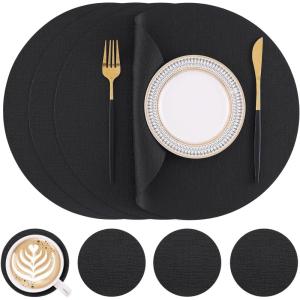 Homaxy Round Faux Leather Placemats and Coasters, Washable Dual-Side Table Mats, Wipeable Heat-Resistant Dining Place Mats for Outdoor and Indoor, Set of 6, Diameter 13 and 3.93 inch, Light Brown(Black)