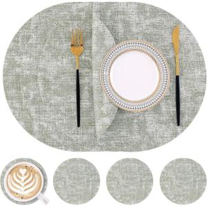 Homaxy Round Faux Leather Placemats and Coasters, Washable Dual-Side Table Mats, Wipeable Heat-Resistant Dining Place Mats for Outdoor and Indoor, Set of 6, Diameter 13 and 3.93 inch, Light Brown(Grass Green)