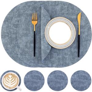 Homaxy Round Faux Leather Placemats and Coasters, Washable Dual-Side Table Mats, Wipeable Heat-Resistant Dining Place Mats for Outdoor and Indoor, Set of 6, Diameter 13 and 3.93 inch, Light Brown(Blue)