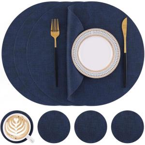 Homaxy Round Faux Leather Placemats and Coasters, Washable Dual-Side Table Mats, Wipeable Heat-Resistant Dining Place Mats for Outdoor and Indoor, Set of 6, Diameter 13 and 3.93 inch, Light Brown(Navy Blue)