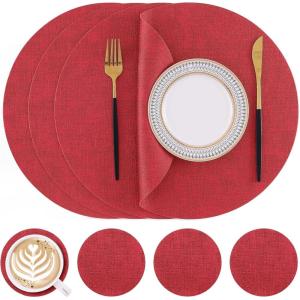 Homaxy Round Faux Leather Placemats and Coasters, Washable Dual-Side Table Mats, Wipeable Heat-Resistant Dining Place Mats for Outdoor and Indoor, Set of 6, Diameter 13 and 3.93 inch, Light Brown(Red)