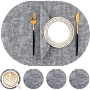 Homaxy Round Faux Leather Placemats and Coasters, Washable Dual-Side Table Mats, Wipeable Heat-Resistant Dining Place Mats for Outdoor and Indoor, Set of 6, Diameter 13 and 3.93 inch, Light Brown(Black & White)