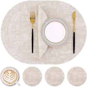 Homaxy Round Faux Leather Placemats and Coasters, Washable Dual-Side Table Mats, Wipeable Heat-Resistant Dining Place Mats for Outdoor and Indoor, Set of 6, Diameter 13 and 3.93 inch, Light Brown(Beige)