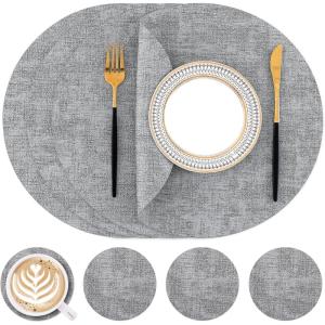 Homaxy Round Faux Leather Placemats and Coasters, Washable Dual-Side Table Mats, Wipeable Heat-Resistant Dining Place Mats for Outdoor and Indoor, Set of 6, Diameter 13 and 3.93 inch, Light Brown(Light Grey)