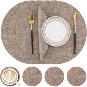 Homaxy Round Faux Leather Placemats and Coasters, Washable Dual-Side Table Mats, Wipeable Heat-Resistant Dining Place Mats for Outdoor and Indoor, Set of 6, Diameter 13 and 3.93 inch, Light Brown(Light Brown)