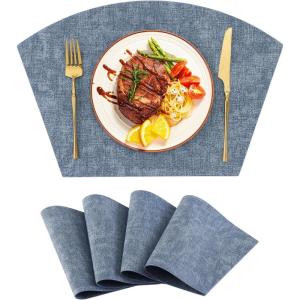 Homaxy Round Table Placemats Set of 6, Washable Wedge Shaped Faux Leather Table Mats, Wipeable Kitchen Dinner Place Mats for Indoor Outdoor, Beige(Blue)