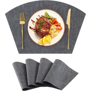 Homaxy Round Table Placemats Set of 6, Washable Wedge Shaped Faux Leather Table Mats, Wipeable Kitchen Dinner Place Mats for Indoor Outdoor, Beige(Dark Grey)
