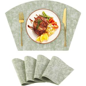 Homaxy Round Table Placemats Set of 6, Washable Wedge Shaped Faux Leather Table Mats, Wipeable Kitchen Dinner Place Mats for Indoor Outdoor, Beige(Grass Green)