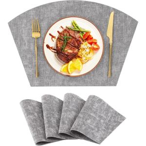 Homaxy Round Table Placemats Set of 6, Washable Wedge Shaped Faux Leather Table Mats, Wipeable Kitchen Dinner Place Mats for Indoor Outdoor, Beige(Light Grey)