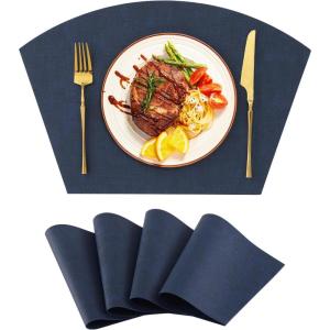 Homaxy Round Table Placemats Set of 6, Washable Wedge Shaped Faux Leather Table Mats, Wipeable Kitchen Dinner Place Mats for Indoor Outdoor, Beige(Navy)