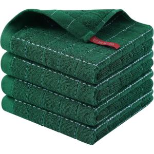 Homaxy 100% Cotton Terry Kitchen Towels(Purple, 13 x 28 inches), Checkered Designed, Soft and Super Absorbent Dish Towels, 2 Pack(Dark Green)