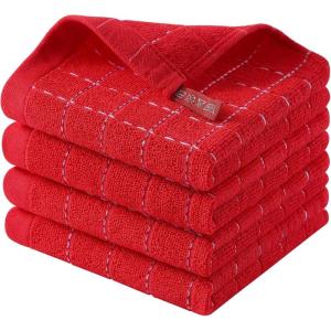 Homaxy 100% Cotton Terry Kitchen Towels(Purple, 13 x 28 inches), Checkered Designed, Soft and Super Absorbent Dish Towels, 2 Pack(Red)