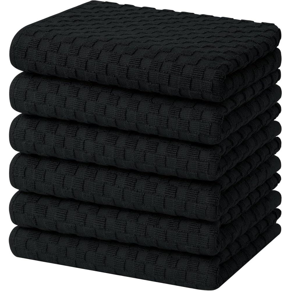 image:imageHomaxy 100 Cotton Terry Kitchen Towels15 x 25 6 Pack Soft and Super Absorbent Dish Towels 380 GSM Reusable Tea Towel with Hanging Loop Pineapple Grid Designed Dark GreyBlack