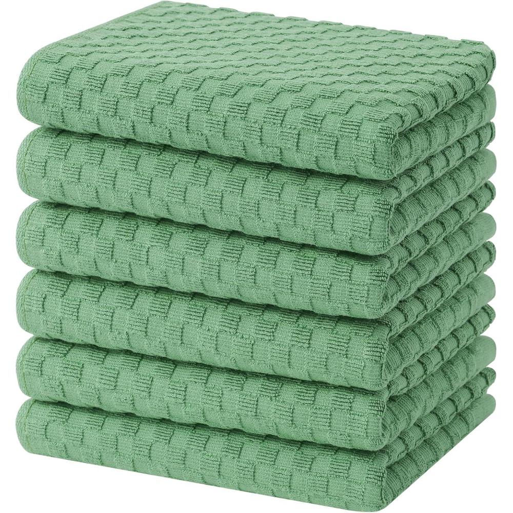 image:imageHomaxy 100 Cotton Terry Kitchen Towels15 x 25 6 Pack Soft and Super Absorbent Dish Towels 380 GSM Reusable Tea Towel with Hanging Loop Pineapple Grid Designed Dark GreyGrass Green