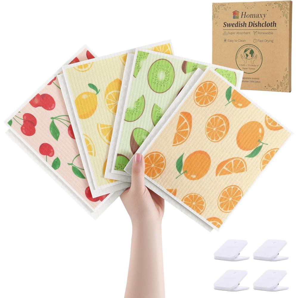 image:imageHomaxy Swedish Dishcloths for Kitchen 6 Pack Vegetable Reusable Paper Towels with Clips Absorbent Cellulose Sponge Dish Cloths for Washing Dishes NonScratch amp OdorFree Dish RagsFruit